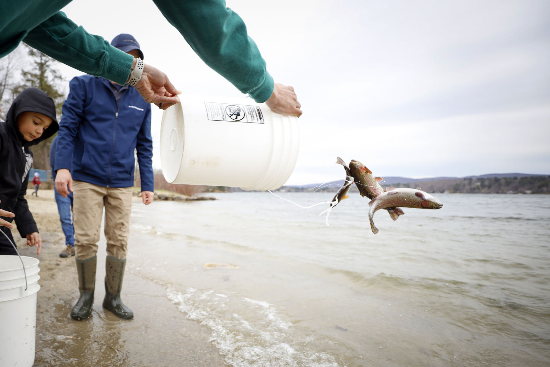 bucket throwing rainbow trout into lake